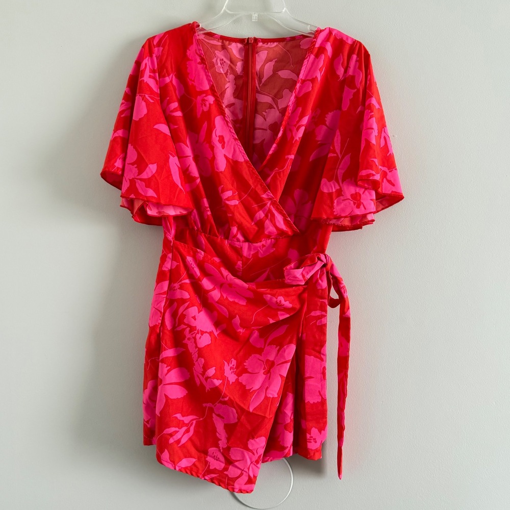 SHEIN Womens Red Pink Floral Wrap Front Romper Flutter Sleeve Size L 8/10